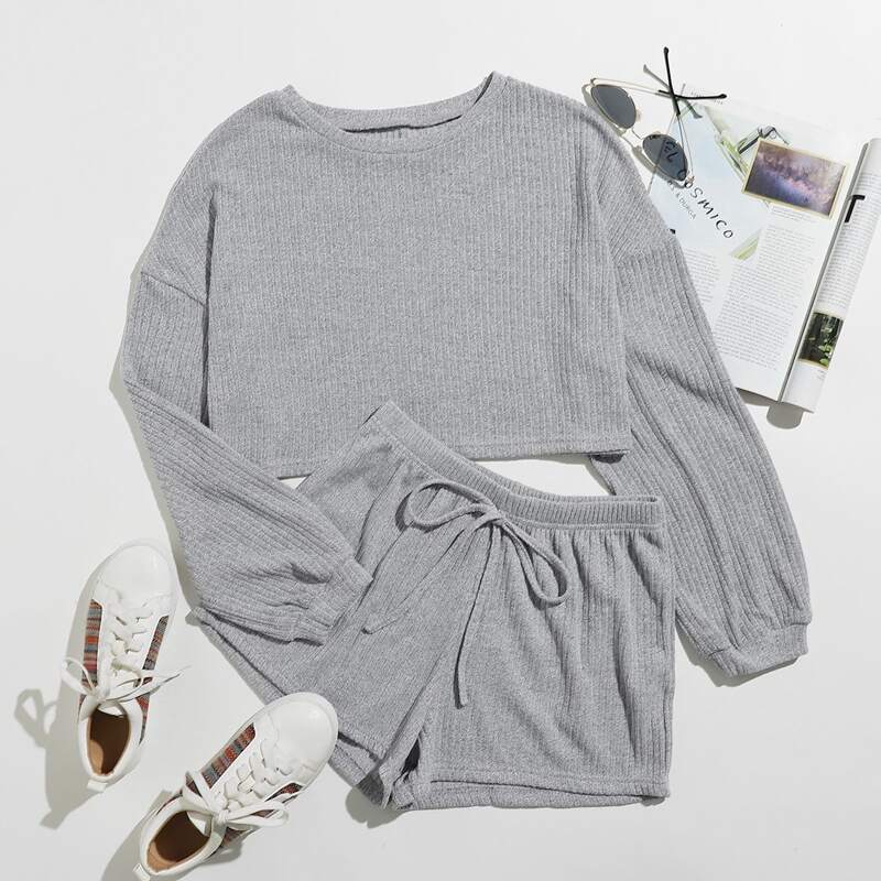 

Solid Drop Shoulder Lounge Set, Light grey