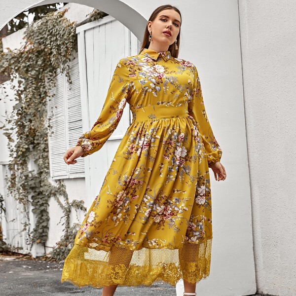 

Plus Collared Lantern Sleeve Lace Hem Floral Dress, Yellow