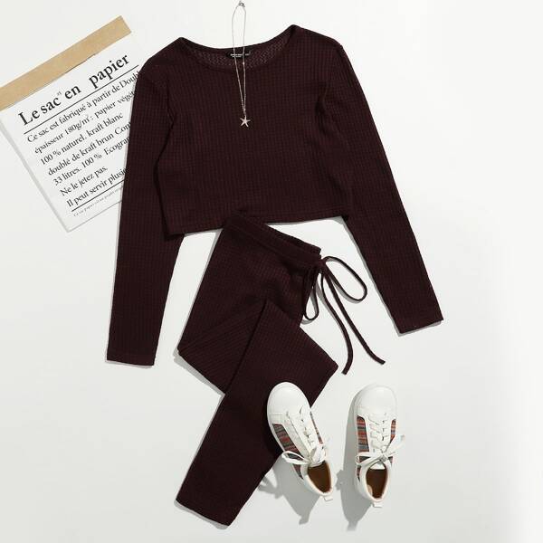 

Plus Waffle Knit Crop Top & Knot Waist Pants PJ Set, Maroon