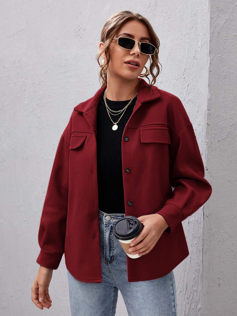SHEIN Essnce Drop Shoulder Buttoned Overcoat - Burgundy - View 1