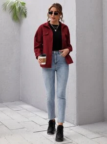 SHEIN Essnce Drop Shoulder Buttoned Overcoat - Burgundy - View 3