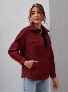 SHEIN Essnce Drop Shoulder Buttoned Overcoat - Burgundy - View 5