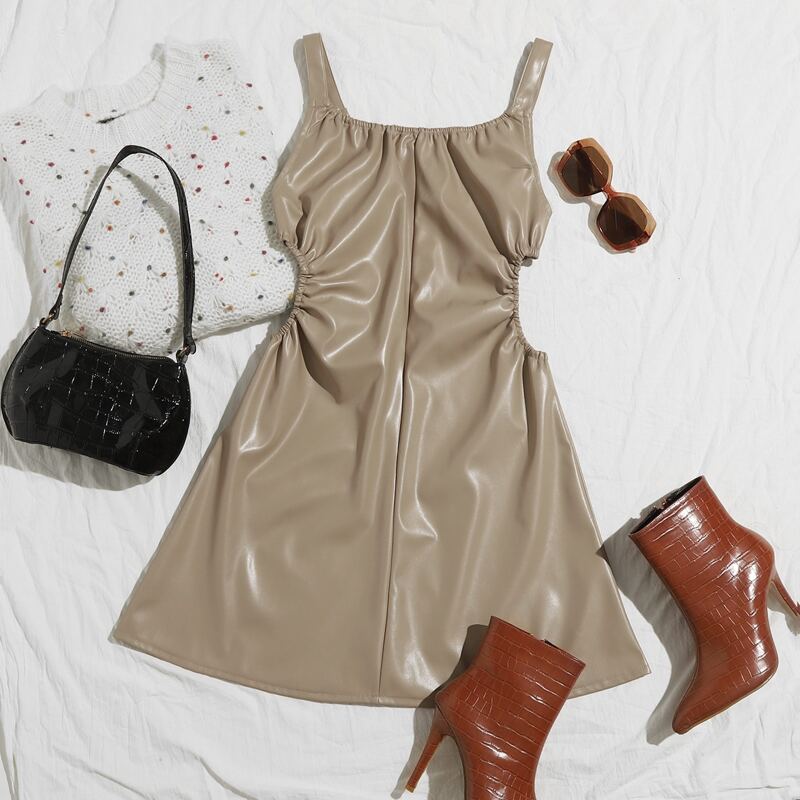 

V Back Ruched Cut-out Side PU Leather Cami Dress, Khaki