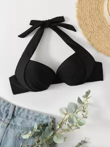 SHEIN Swim Summer Ruched Detail Push Up Bikini Top - Black - View 1