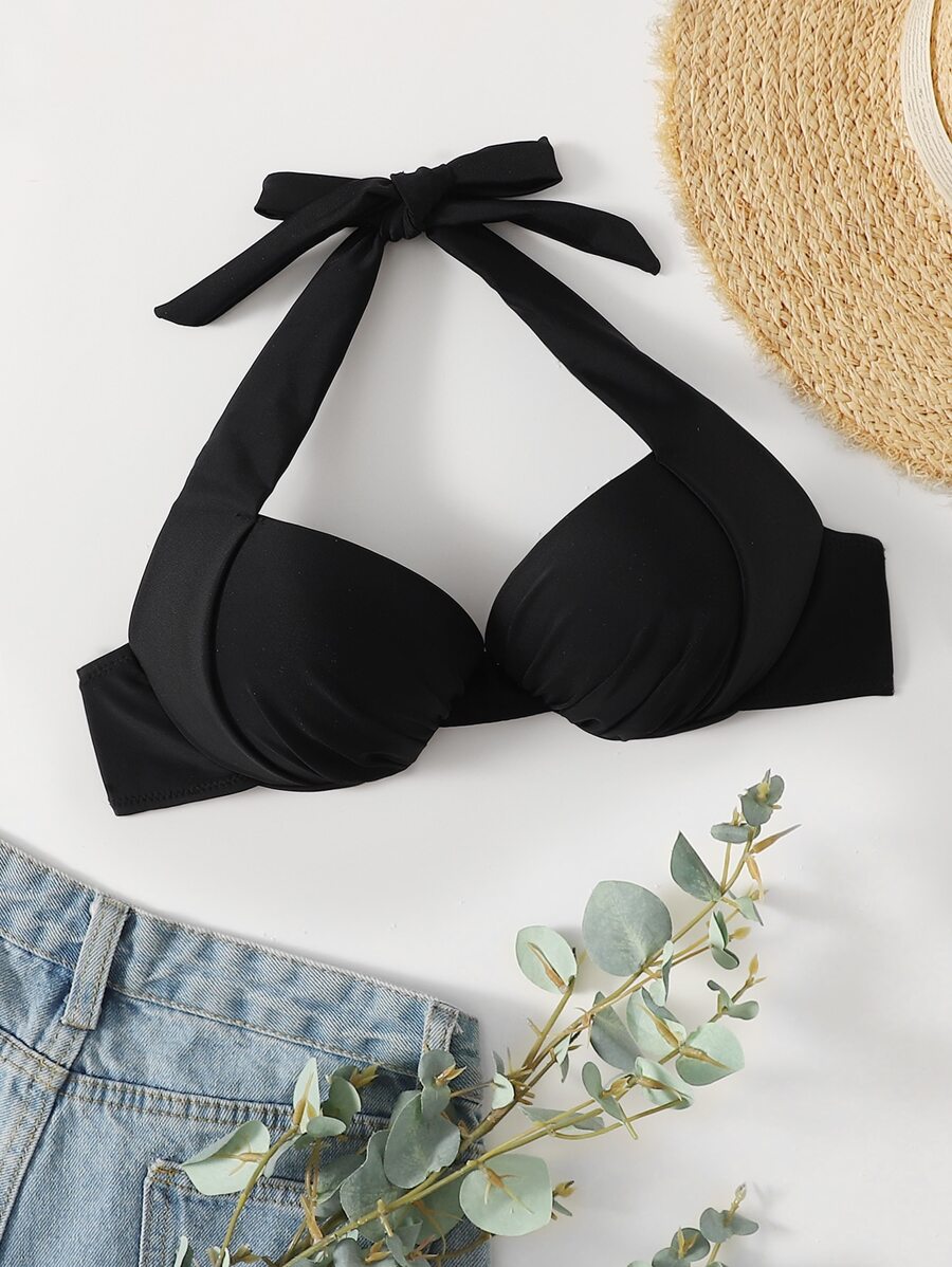 SHEIN Swim Summer Ruched Detail Push Up Bikini Top - Black - View 1