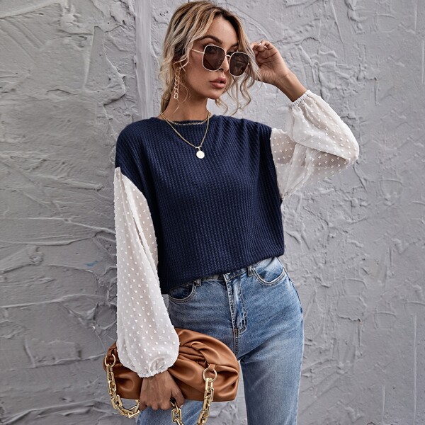 

Swiss Dot Lantern Sleeve Waffle Knit Top, Navy blue