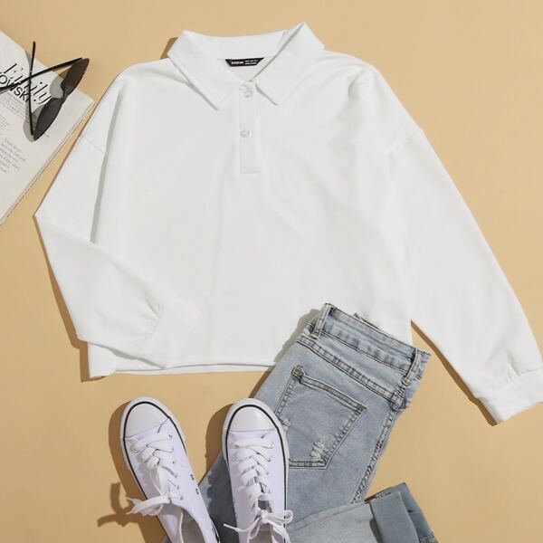 

Drop Shoulder Button Half Placket Pullover, White