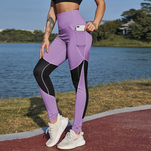 

Two Tone Sports Leggings With Phone Pocket, Multicolor