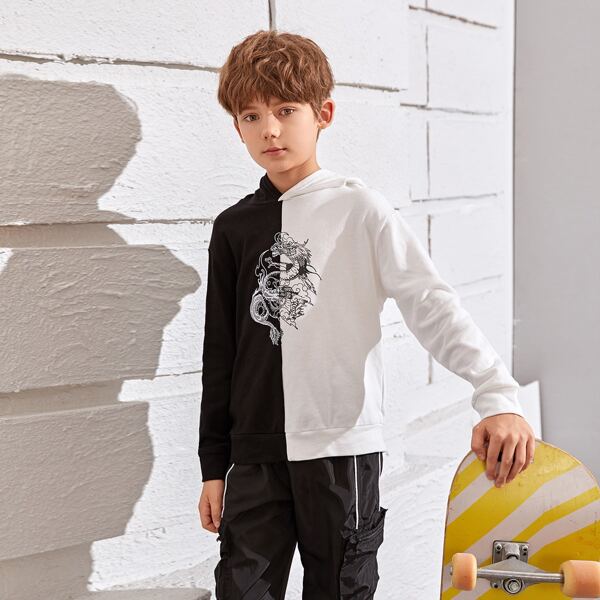 

Boys Colorblock Chinese Dragon Drop Shoulder Hoodie, Black and white