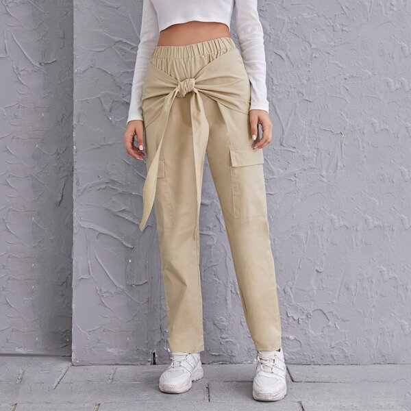 

Knotted Front Flap Pocket Pants, Khaki