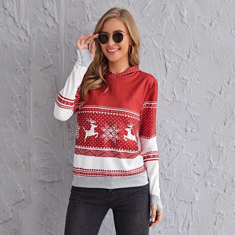 

Kangaroo Pocket Christmas Print Hoodie, Red