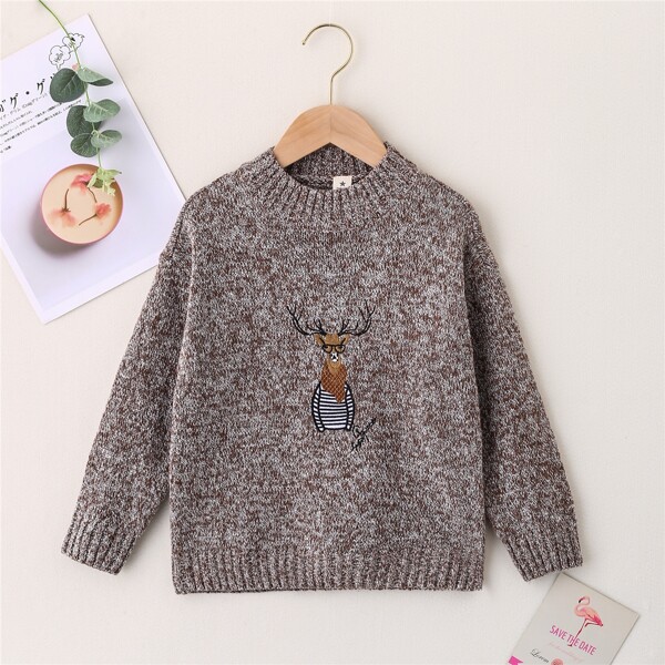 

Boys Deer Embroidered Mock Neck Sweater, Mocha brown