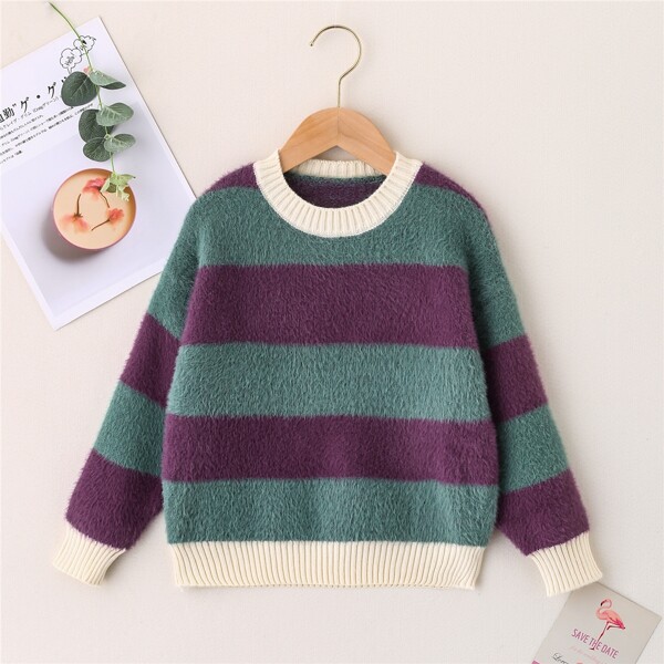 

Boys Cut And Sew Drop Shoulder Fluffy Knit Sweater, Multicolor