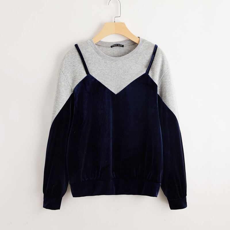 

Color Block Velvet 2 In 1 Pullover, Navy blue