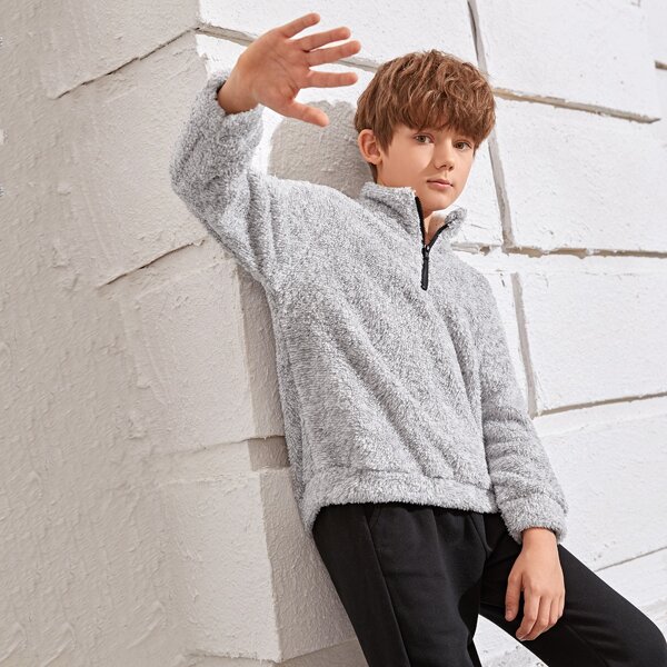 

Boys Half Zipper Placket Teddy Pullover, Light grey