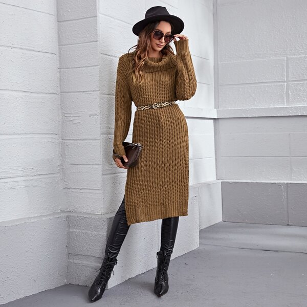 

Cowl Neck Slit Hem Longline Sweater Without Belt, Mocha brown