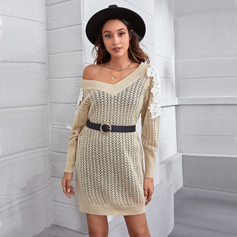 

Guipure Lace Appliques Sweater Dress Without Belt, Khaki