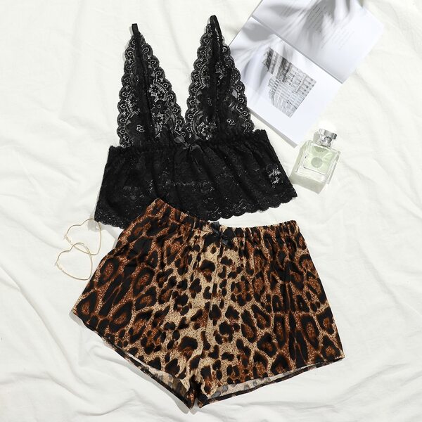 

Leopard Floral Lace Lingerie Set, Multicolor