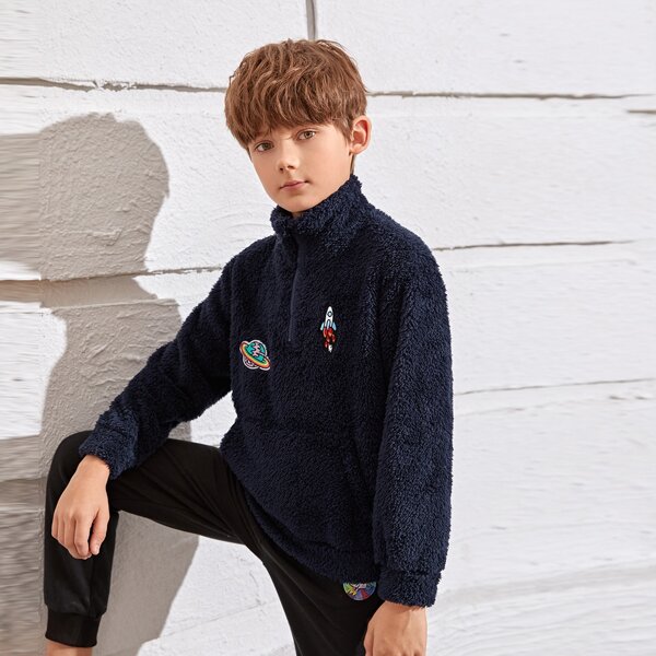 

Boys Patched Detail Half Zipper Placket Teddy Pullover, Navy blue
