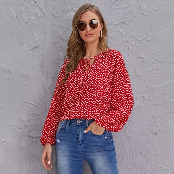 

Tie Neck Lantern Sleeve Ditsy Floral Top, Red