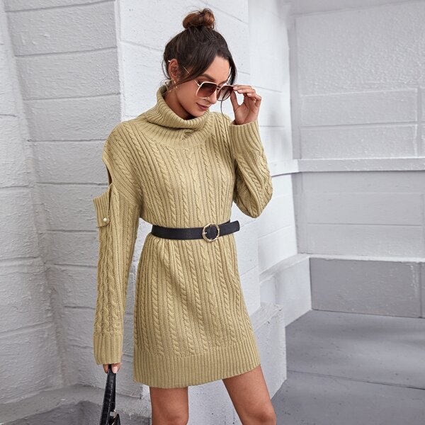 

Cut Out Detail Cable Knit Sweater Dress Without Belt, Khaki
