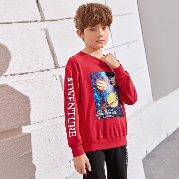 

Boys Galaxy and Slogan Graphic Drop Shoulder Pullover, Red bright