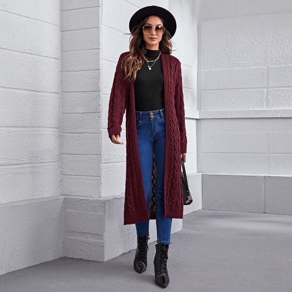 

Drop Shoulder Cable Knit Cardigan, Maroon