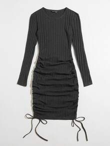 SHEIN EZwear Vestido ajustado con fruncido lateral con cordón - Gris Oscuro - Ver 3