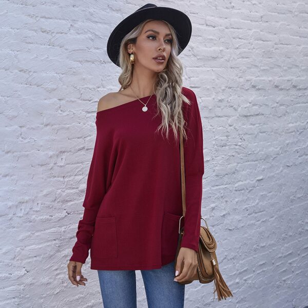 

Batwing Sleeve Pocket Detail Tee, Burgundy