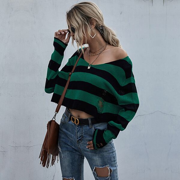 

Striped Colorblock Ripped Crop Sweater, Multicolor