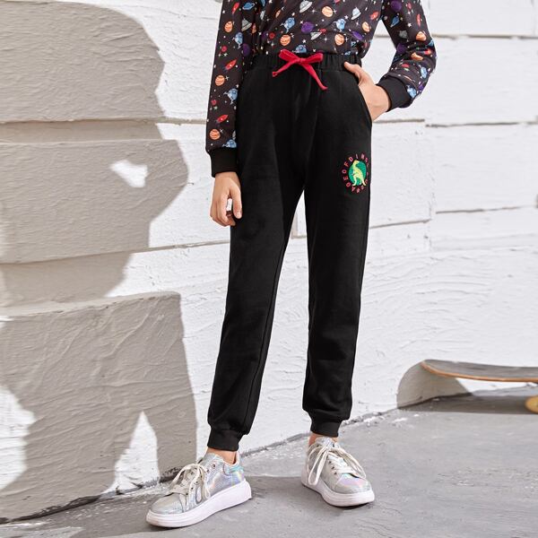 

Boys Knot Front Letter & Dinosaur Print Sweatpants, Black