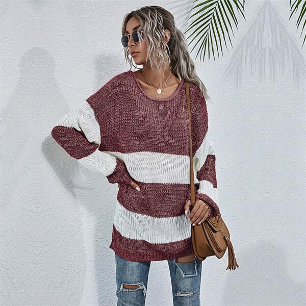 

Colorblock Drop Shoulder Longline Sweater, Red and white