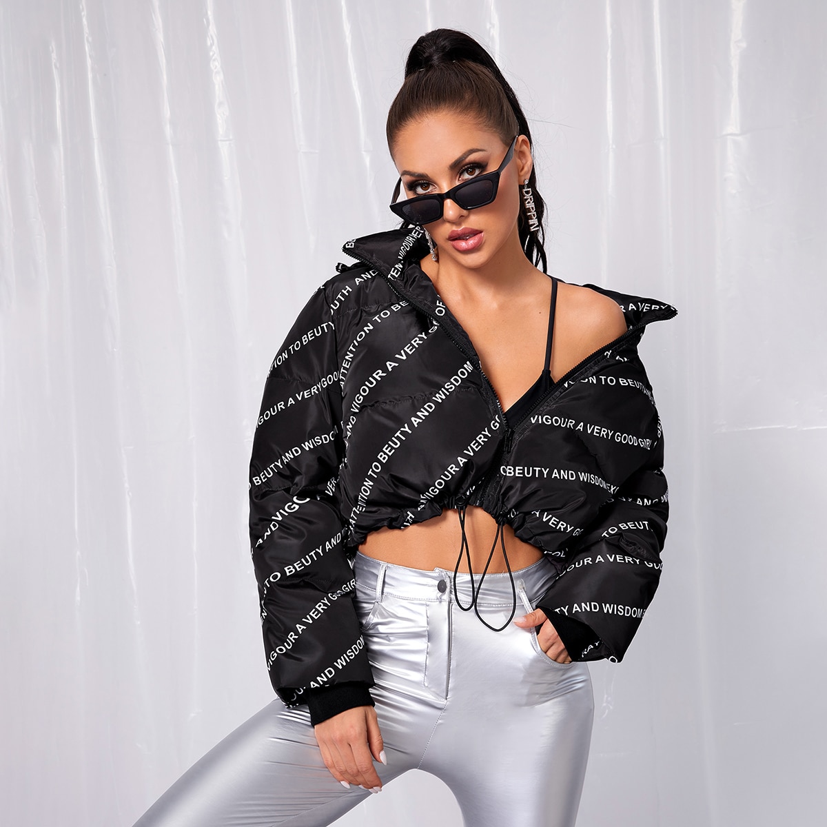 Image of Allover Letter Graphic Puffer Jacket