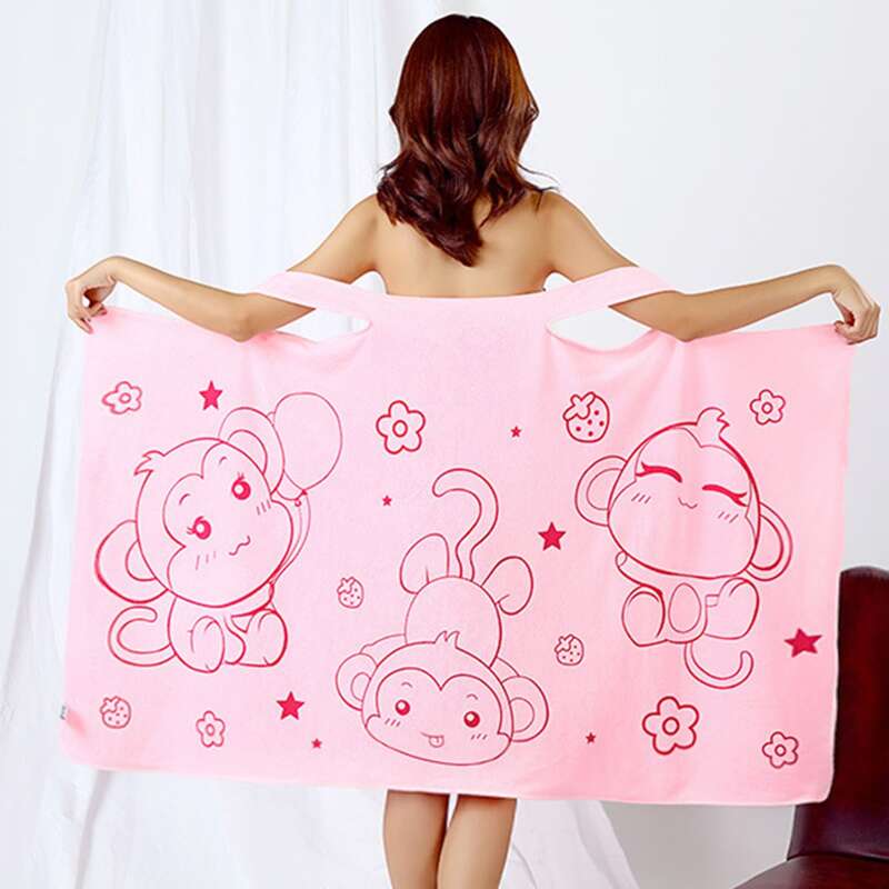 

1pc Monkey Print Wearable Bath Towel, Pink