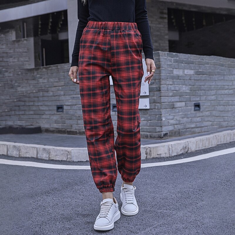 

Elastic Waist Tartan Pants, Red