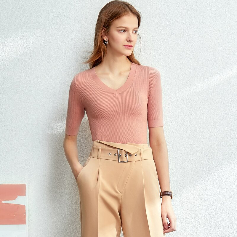 

V Neck Rib-knit Slim Top, Pastel baby pink