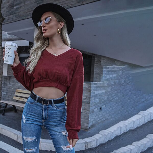 

Drop Shoulder Waffle Knit Crop Pullover, Maroon