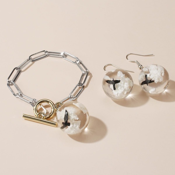 

1pc Girls Glass Ball Charm Bracelet & 1pair Earrings, White