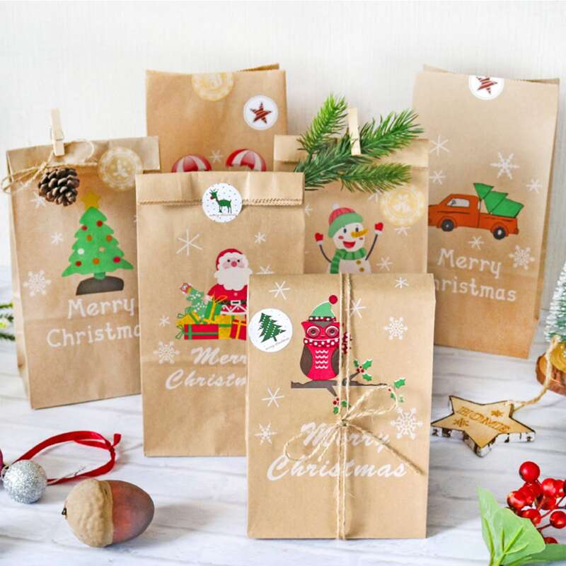 

12pcs Christmas Gift Bag With Sticker, Khaki