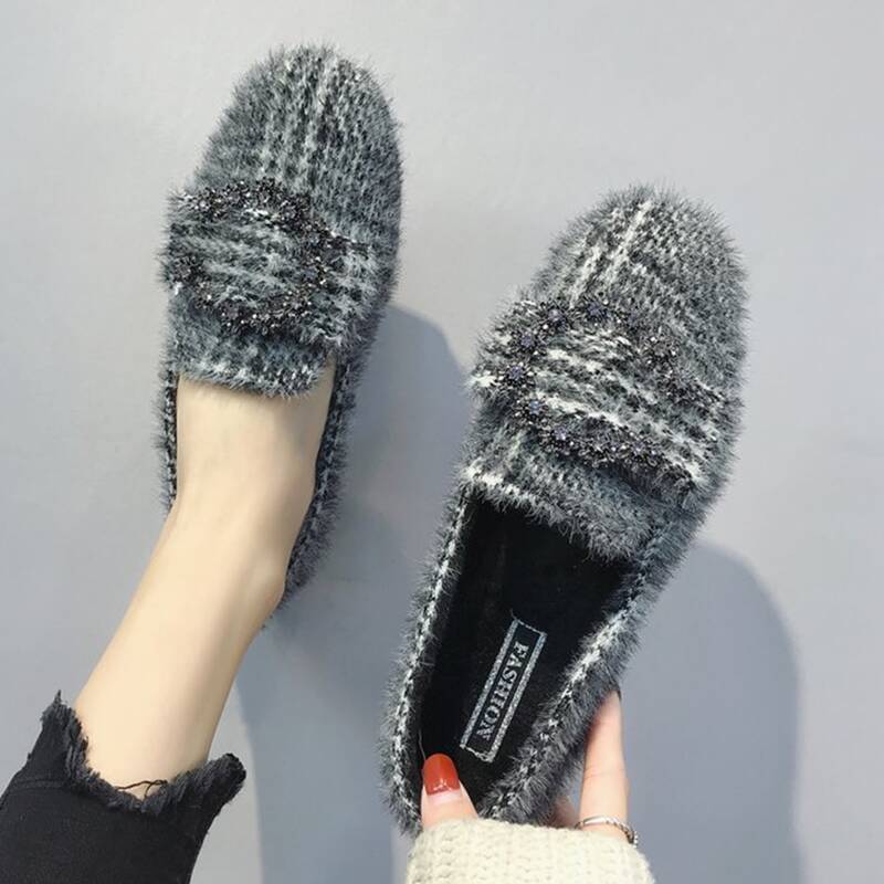 

Rhinestone Buckle Plaid Fluffy Flats, Multicolor