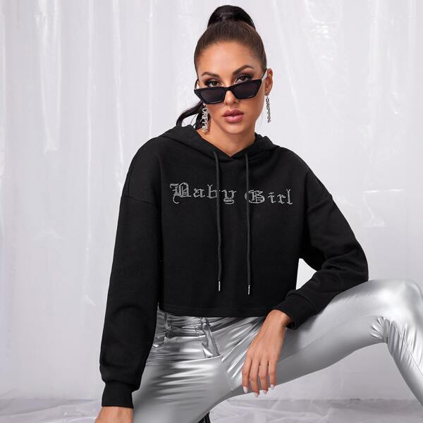 

Rhinestone Letter Graphic Crop Hoodie, Black