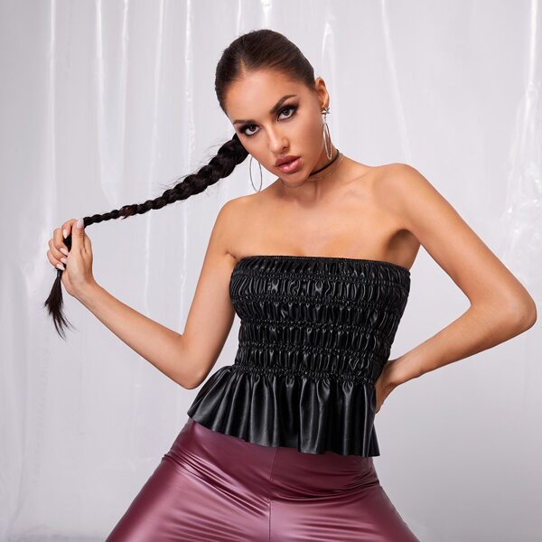 

Shirred Detail Ruffle Hem PU Tube Top, Black