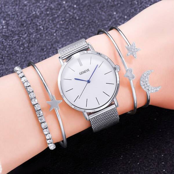

1pc Round Pointer Quartz Watch & 4pcs Bracelet