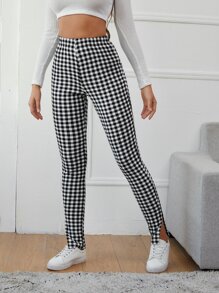 SHEIN Essnce Split Hem Buffalo Plaid Skinny Trousers - Black and White - View 3