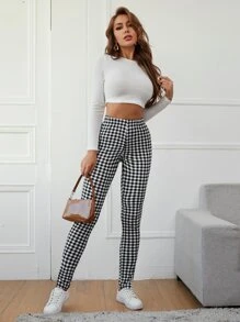 SHEIN Essnce Split Hem Buffalo Plaid Skinny Trousers - Black and White - View 5