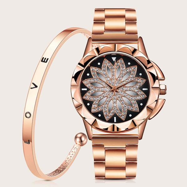 

1pc Flower Pattern Dial Quartz Watch & 1pc Bracelet