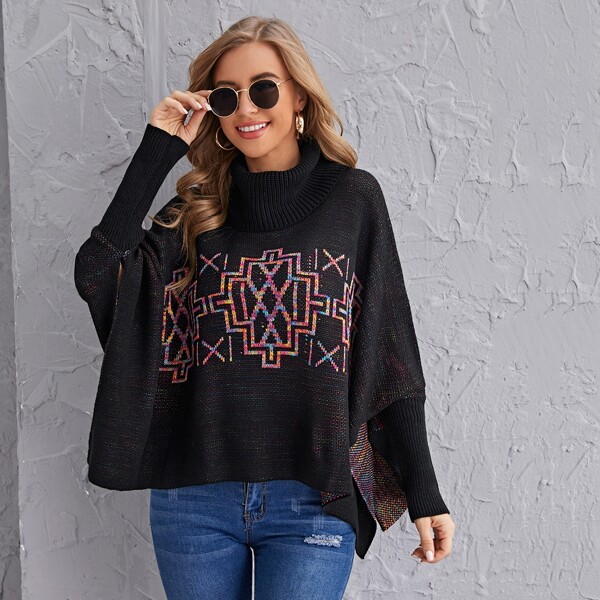 

Batwing Sleeve Geo Pattern Sweater, Black