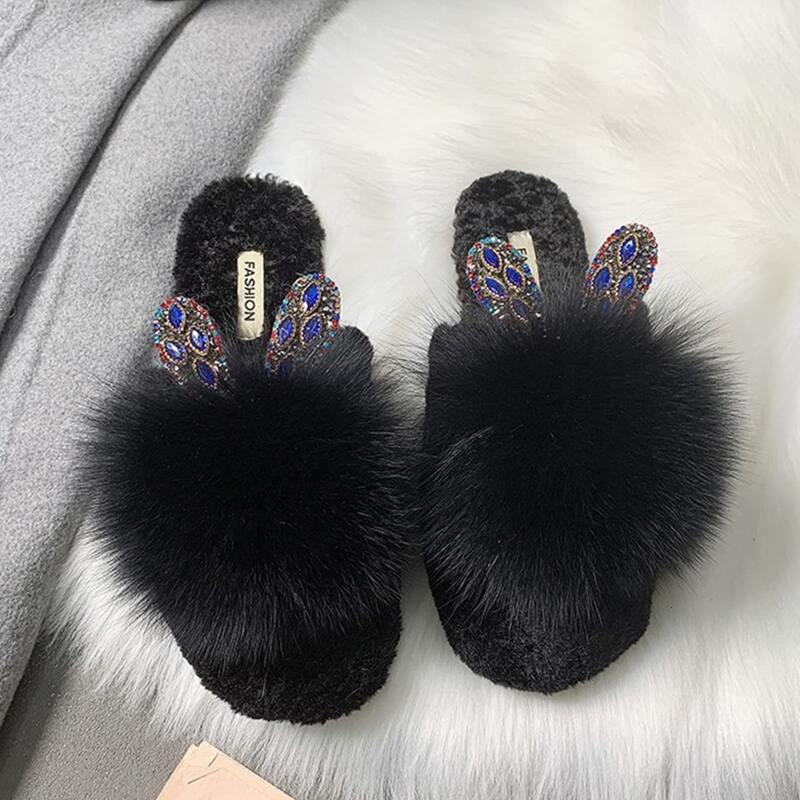 

Rhinestone Ear Fluffy Slippers, Black