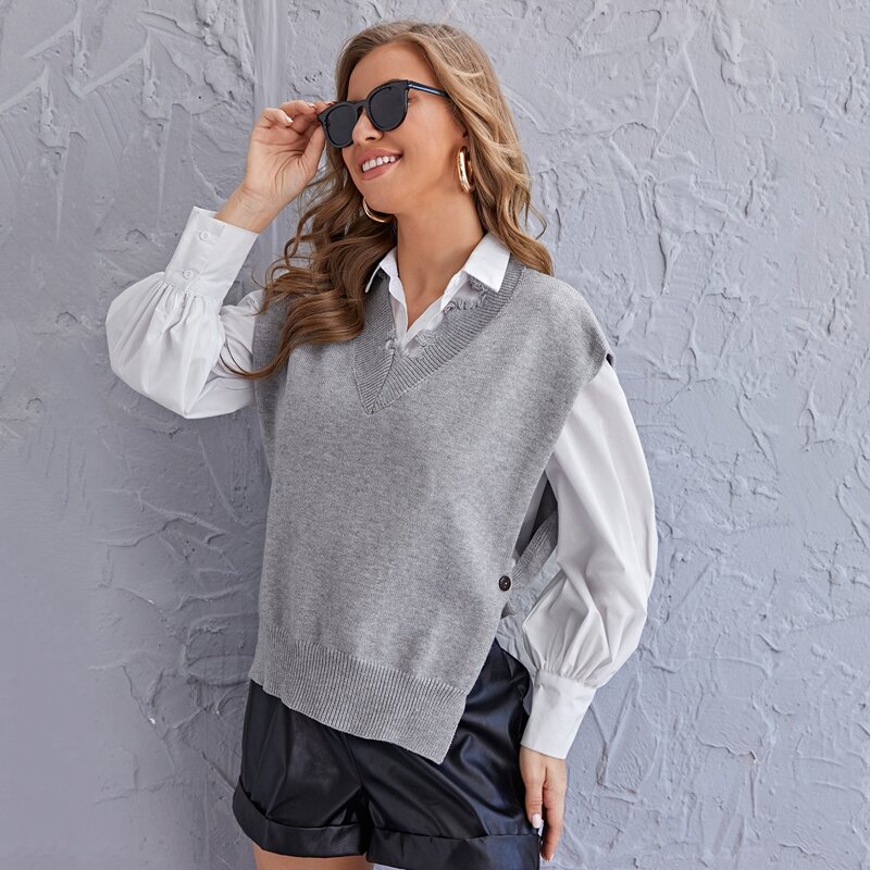 

Buttoned Side Distressed Trim Sweater Vest Without Blouse, Light grey