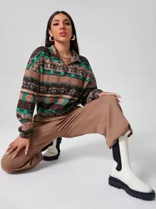 SHEIN 落肩半拉鏈開襟套頭衫 - 彩色 - 查看 1